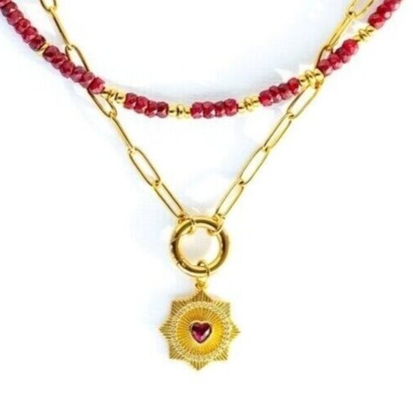 Red Heart Charm Necklace Gold Chain Removable Star Charm Non-Tarnish Gold PRETTY - Picture 2 of 14
